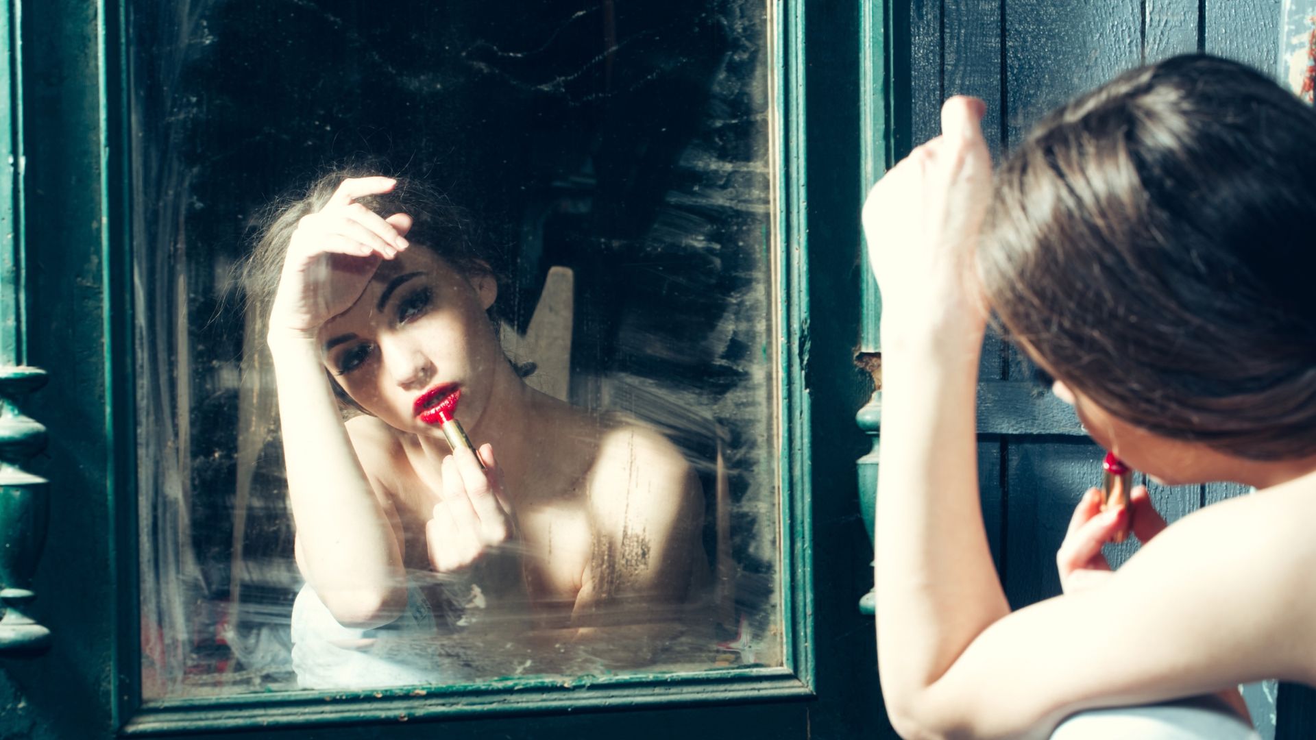 Woman looking into a mirror, reflecting on why people do not respect her”. Change this to describe the actual image